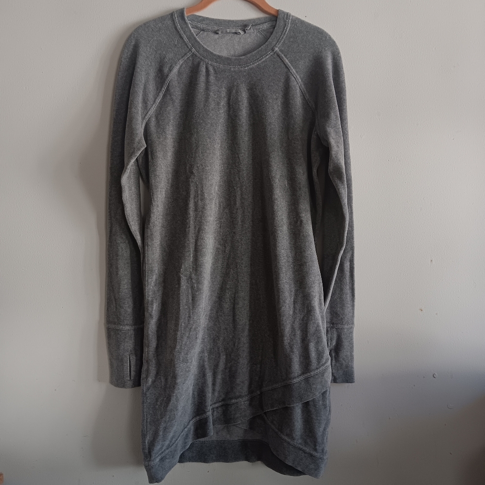 ATHLETA Dress Tunic Top Gray Velour Criss Cross Dress Charcoal Grey Heather
